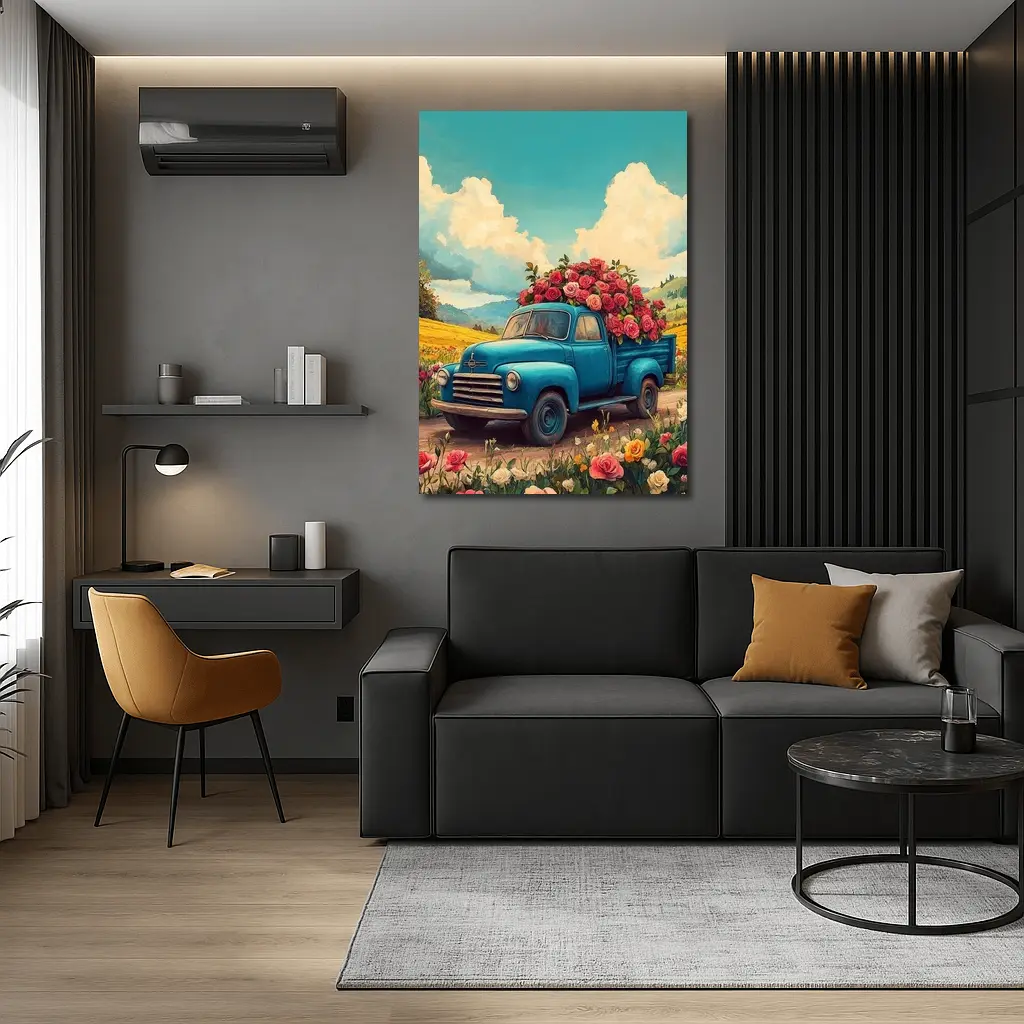 Blue Vintage Truck Roses Floral Field – Wall Art