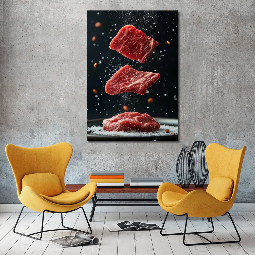 Raw Beef Slices Falling Dark Background – Wall Art