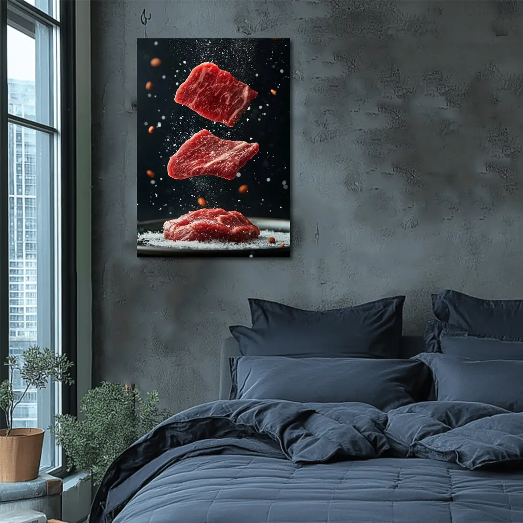 Raw Beef Slices Falling Dark Background – Wall Art