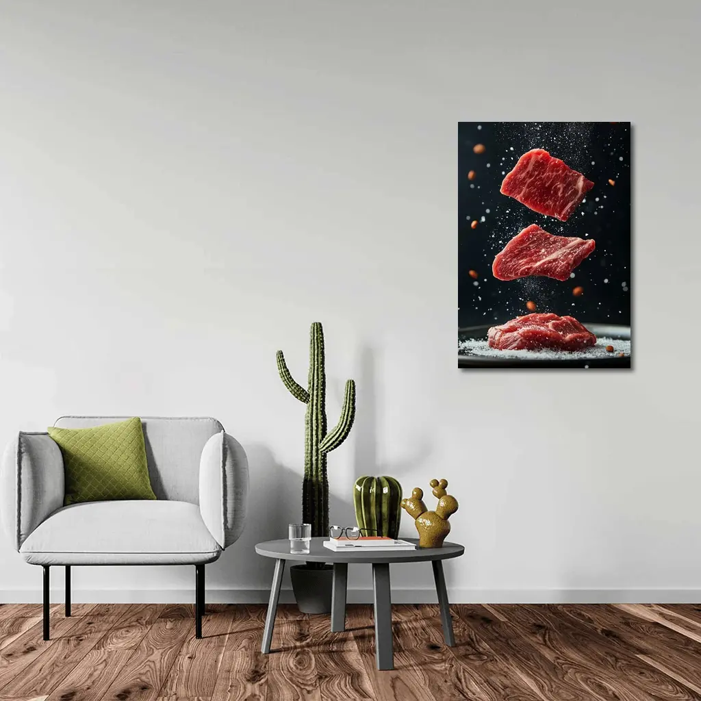 Raw Beef Slices Falling Dark Background – Wall Art