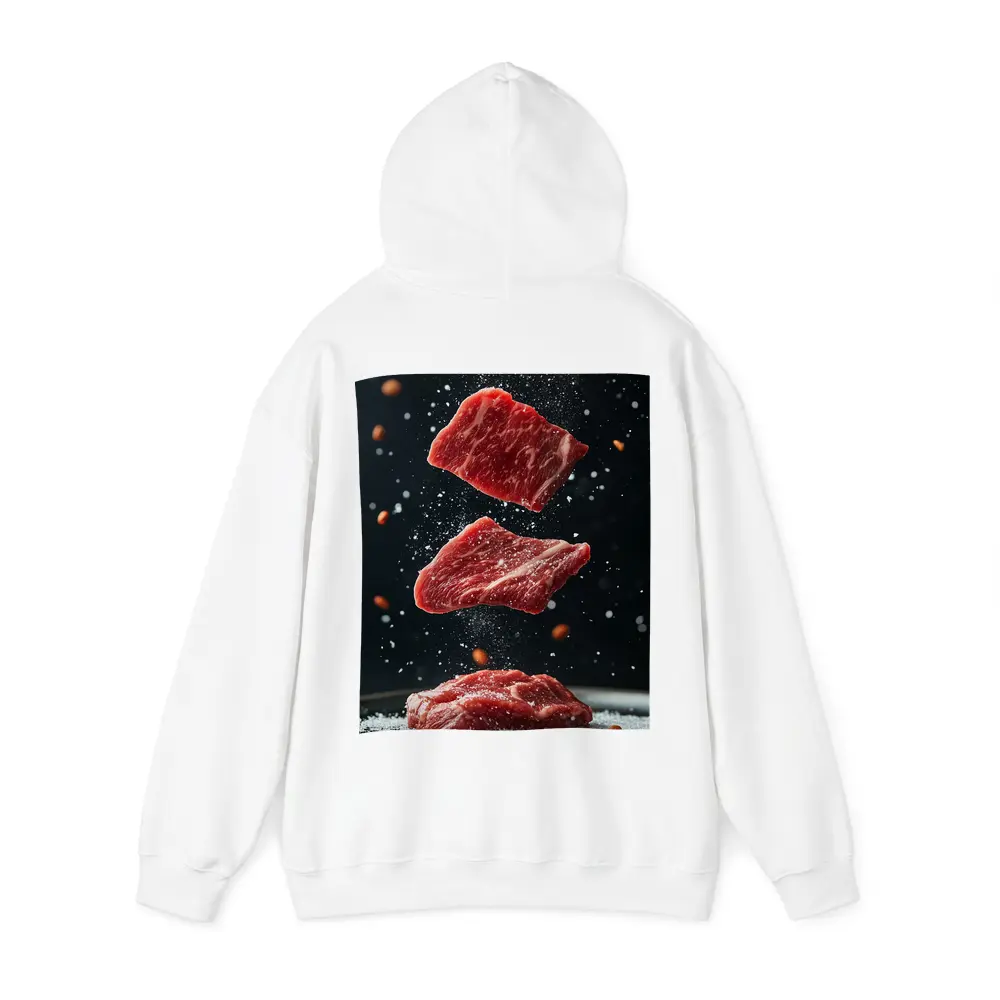 Raw Beef Slices Falling Dark Background – Hoodies