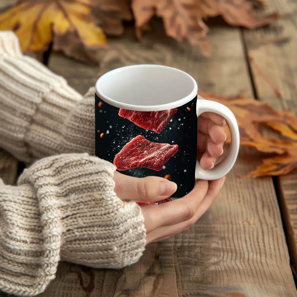 Raw Beef Slices Falling Dark Background – Mugs