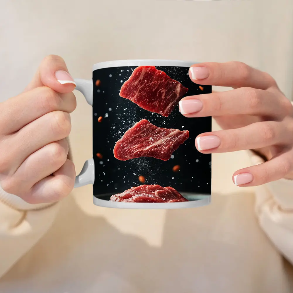 Raw Beef Slices Falling Dark Background – Mugs