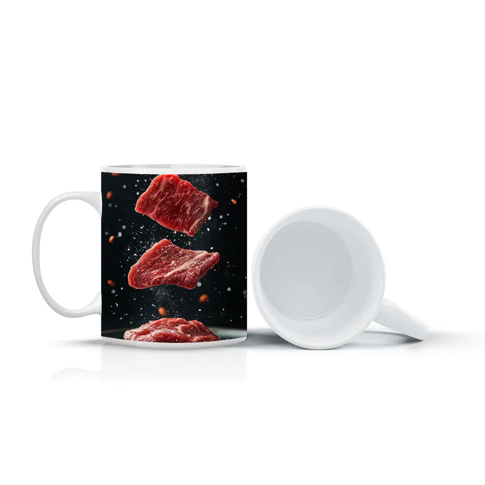 Raw Beef Slices Falling Dark Background – Mugs