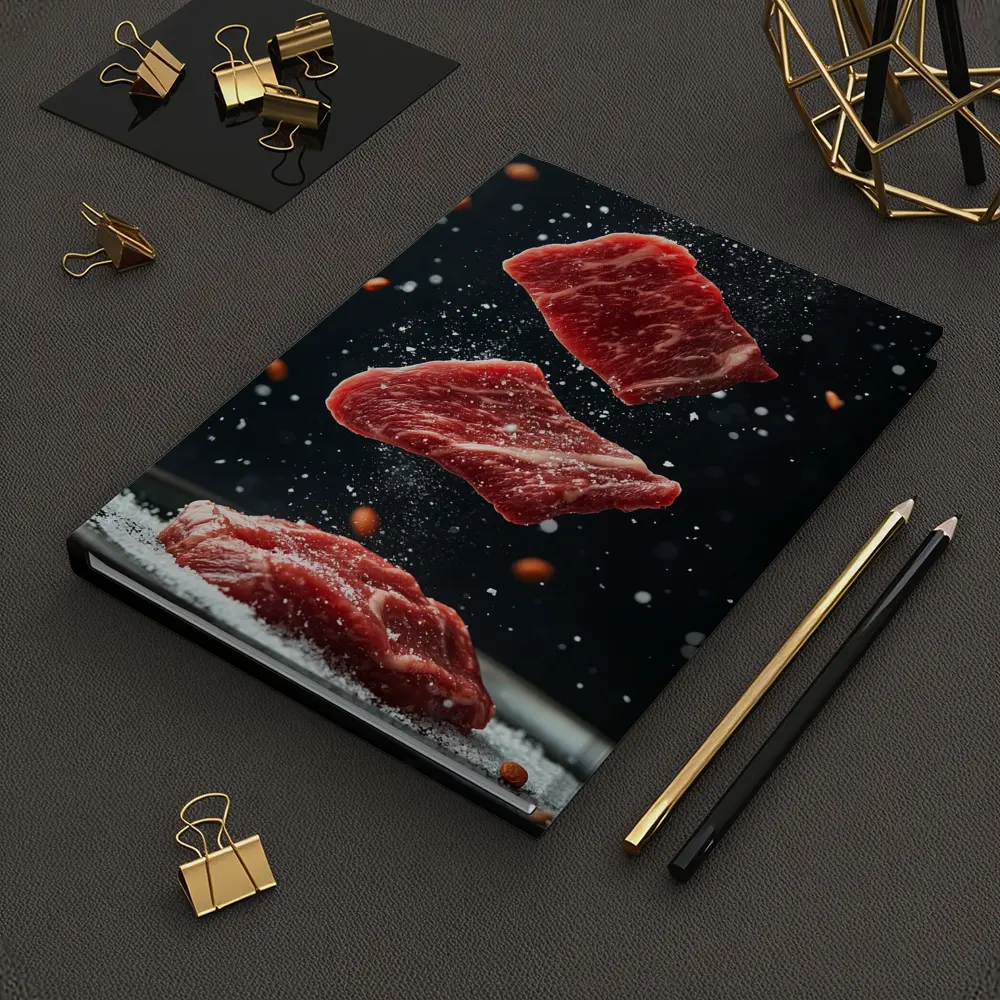 Raw Beef Slices Falling Dark Background – Notebooks