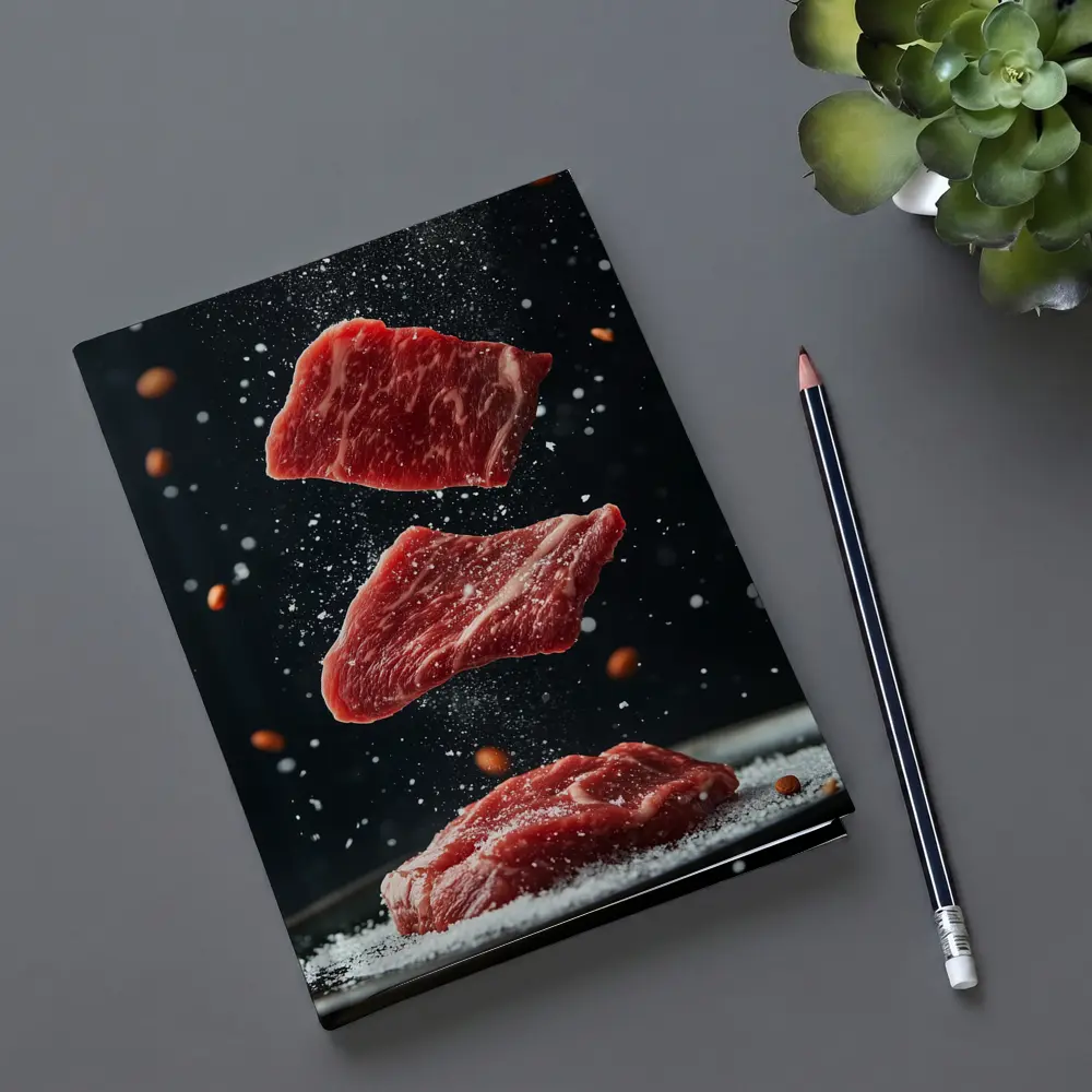 Raw Beef Slices Falling Dark Background – Notebooks