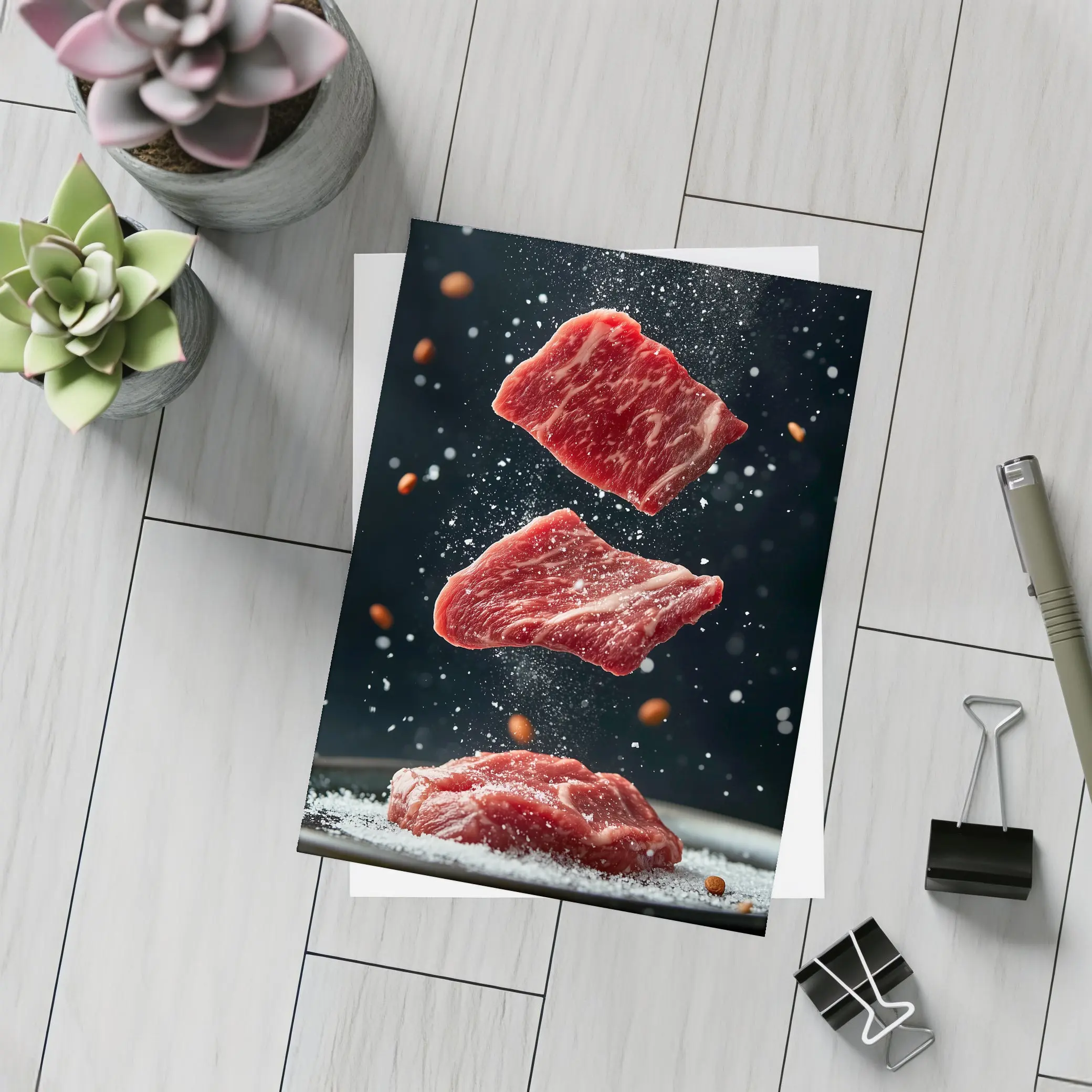 Raw Beef Slices Falling Dark Background – Postcards