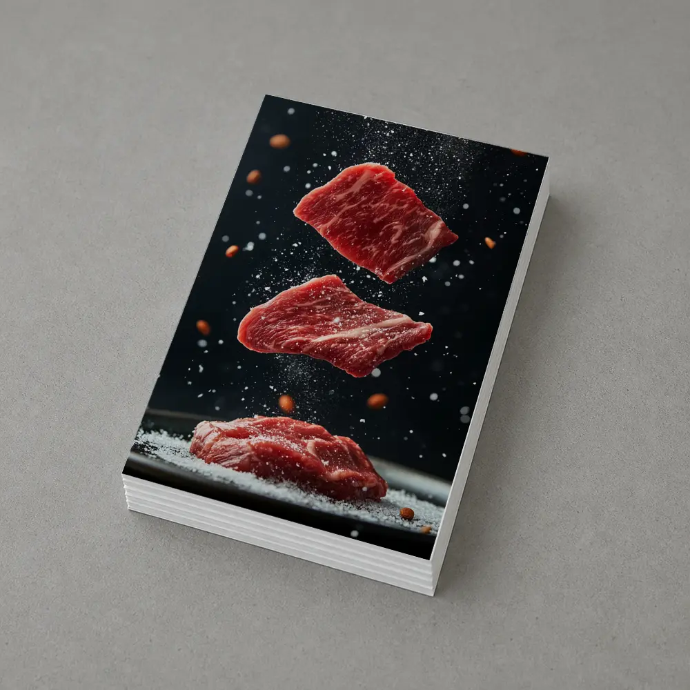 Raw Beef Slices Falling Dark Background – Postcards