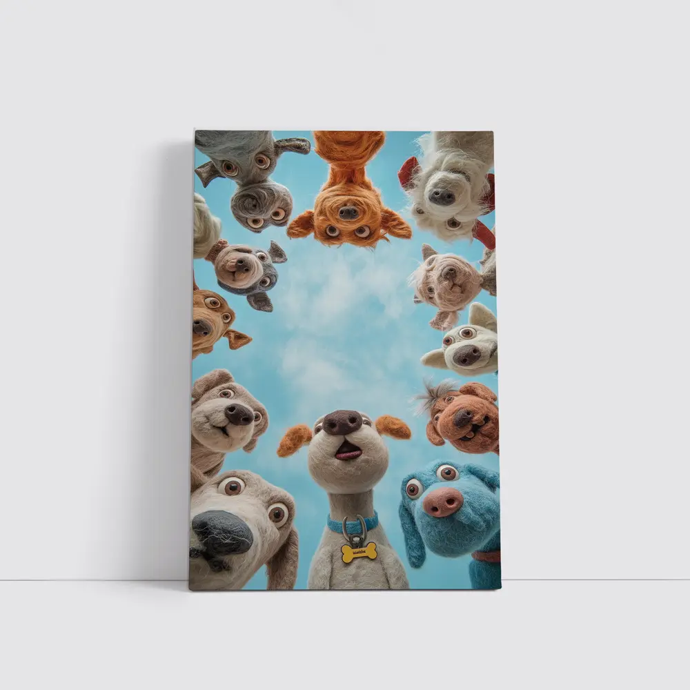 Cute Felted Dogs Circle Blue Sky – Wall Art