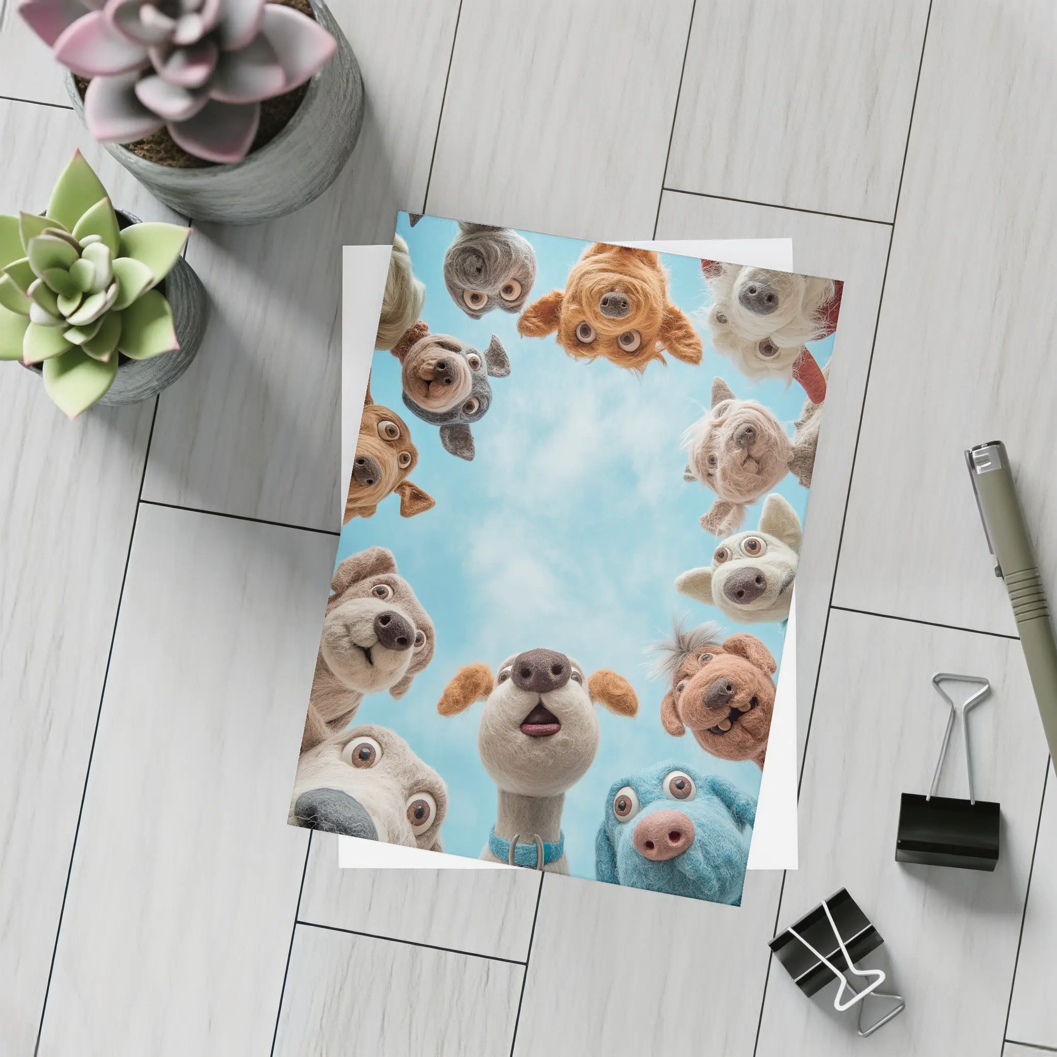 Cute Felted Dogs Circle Blue Sky – Postcards
