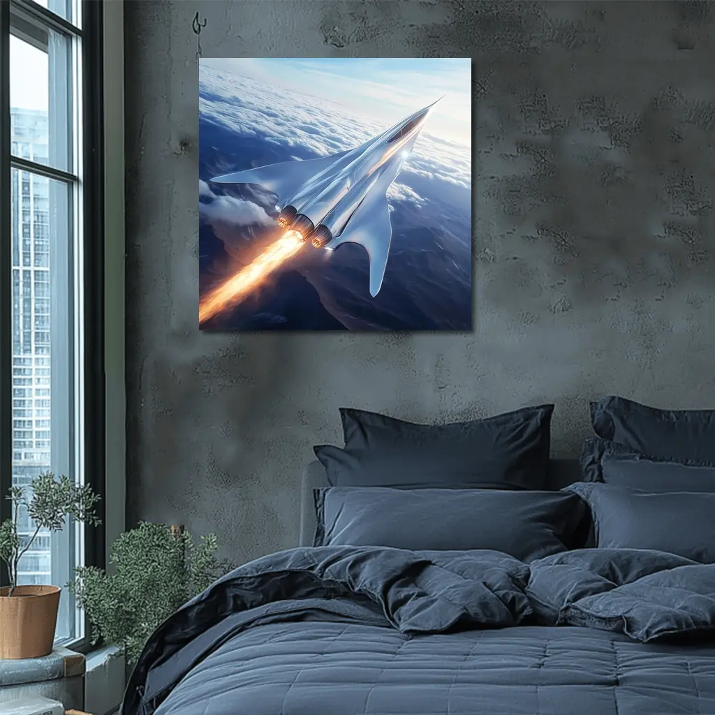 Supersonic Jet Flying Above Mountain Clouds – Wall Art