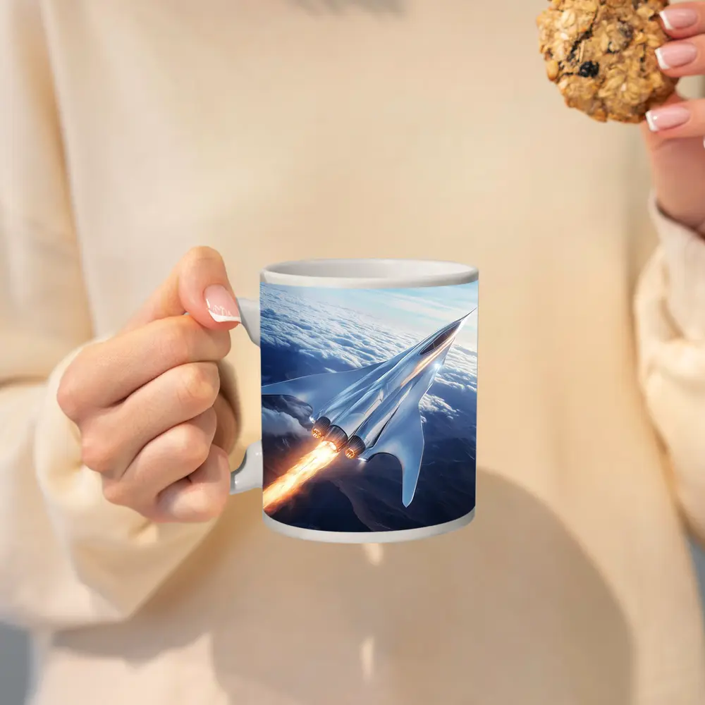 Supersonic Jet Flying Above Mountain Clouds – Mugs