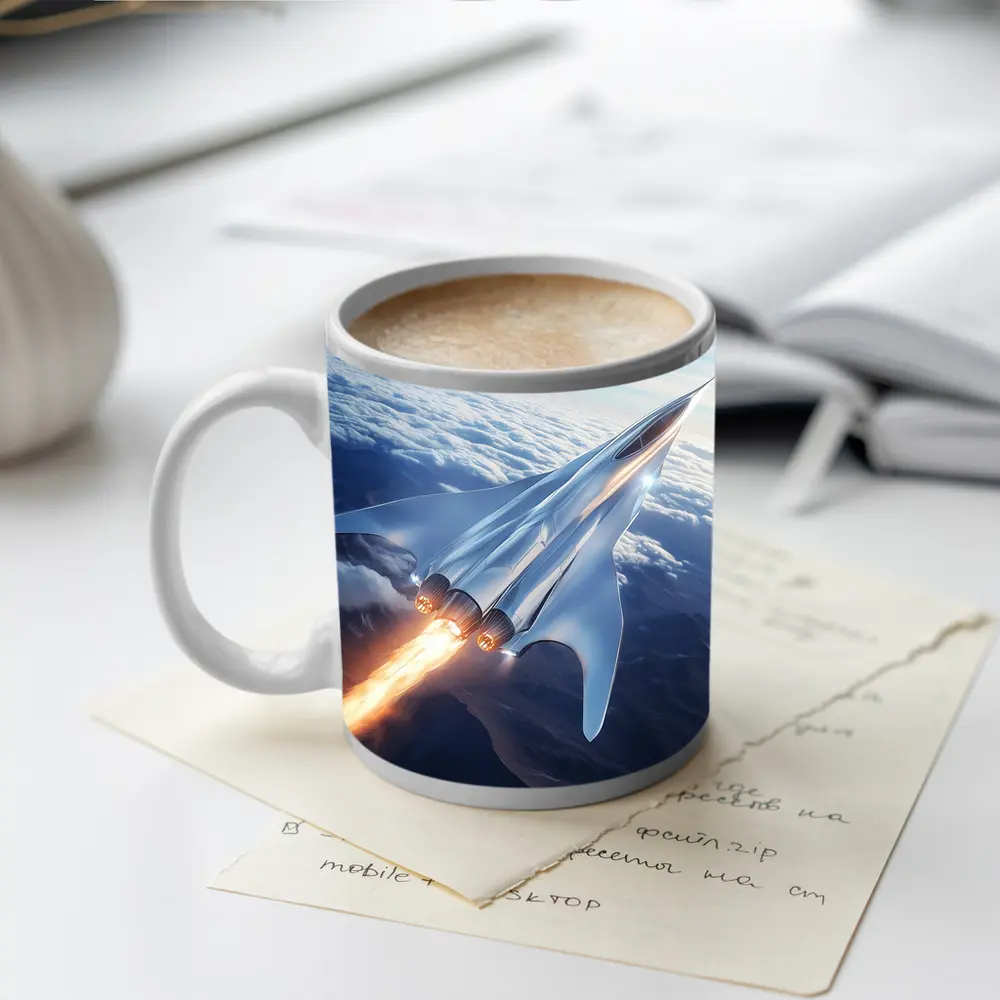 Supersonic Jet Flying Above Mountain Clouds – Mugs