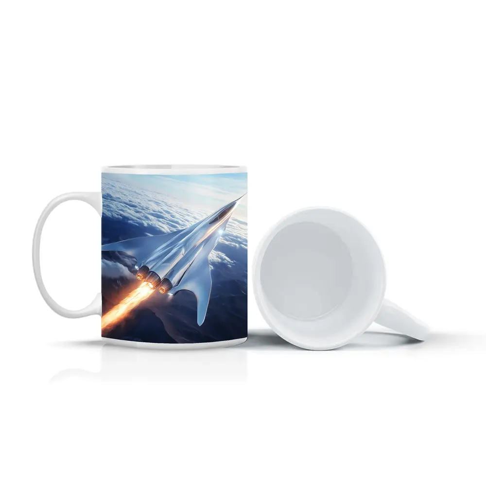 Supersonic Jet Flying Above Mountain Clouds – Mugs