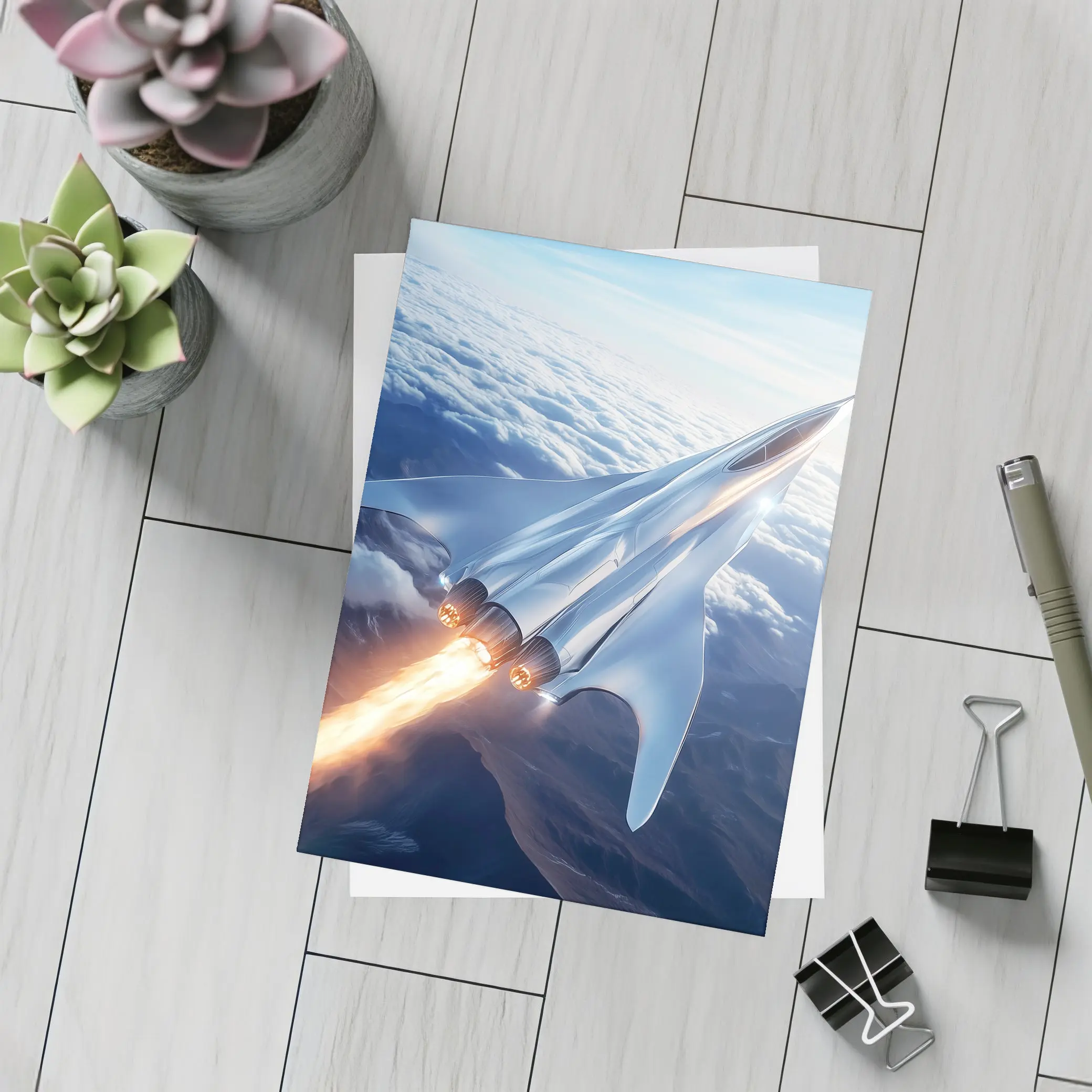 Supersonic Jet Flying Above Mountain Clouds – Postcards
