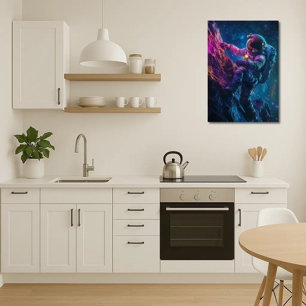 Astronaut Climbing Rocky Cliff Starry Space – Wall Art