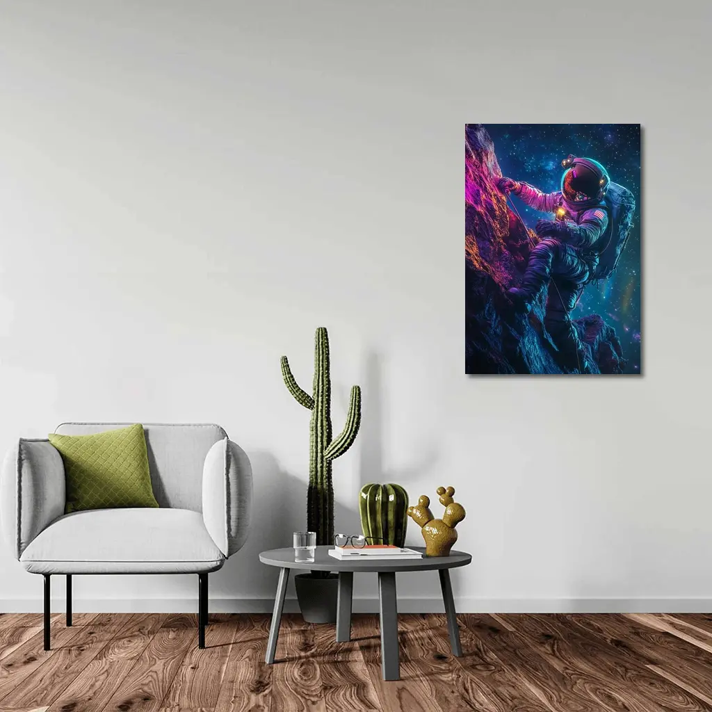 Astronaut Climbing Rocky Cliff Starry Space – Wall Art