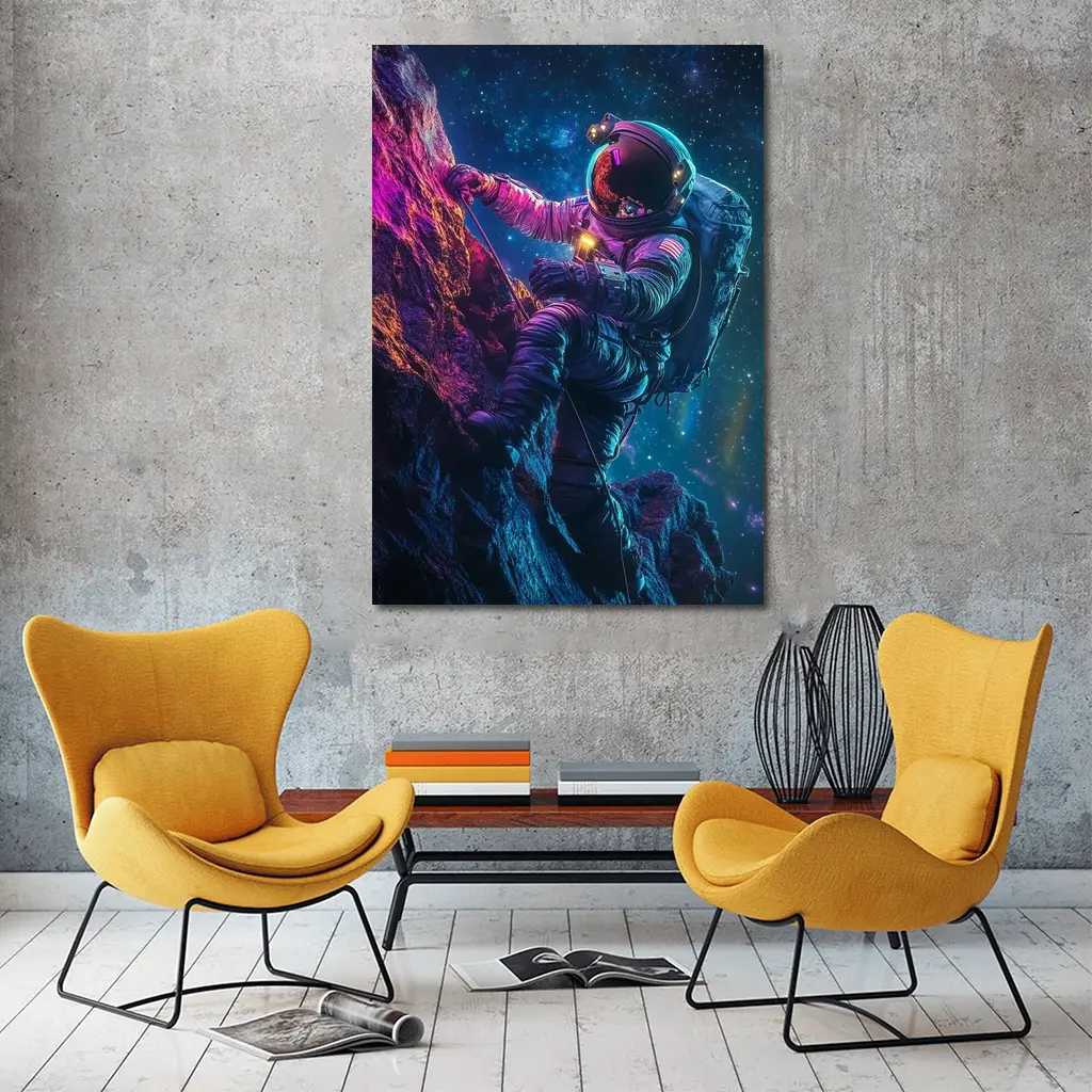 Astronaut Climbing Rocky Cliff Starry Space – Wall Art