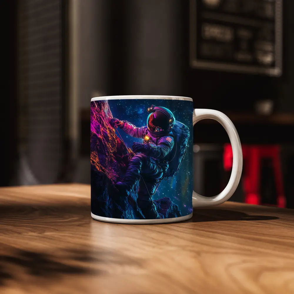 Astronaut Climbing Rocky Cliff Starry Space – Mugs