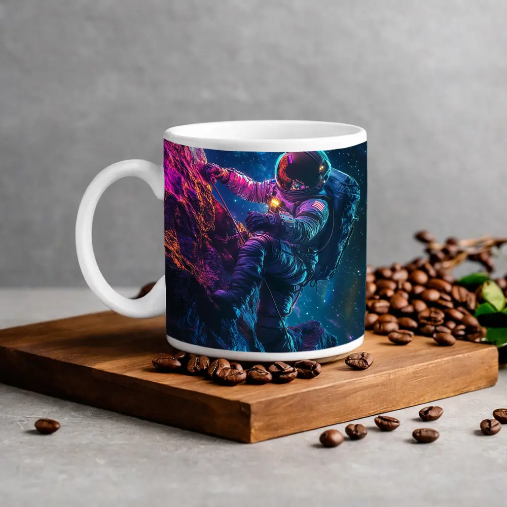 Astronaut Climbing Rocky Cliff Starry Space – Mugs
