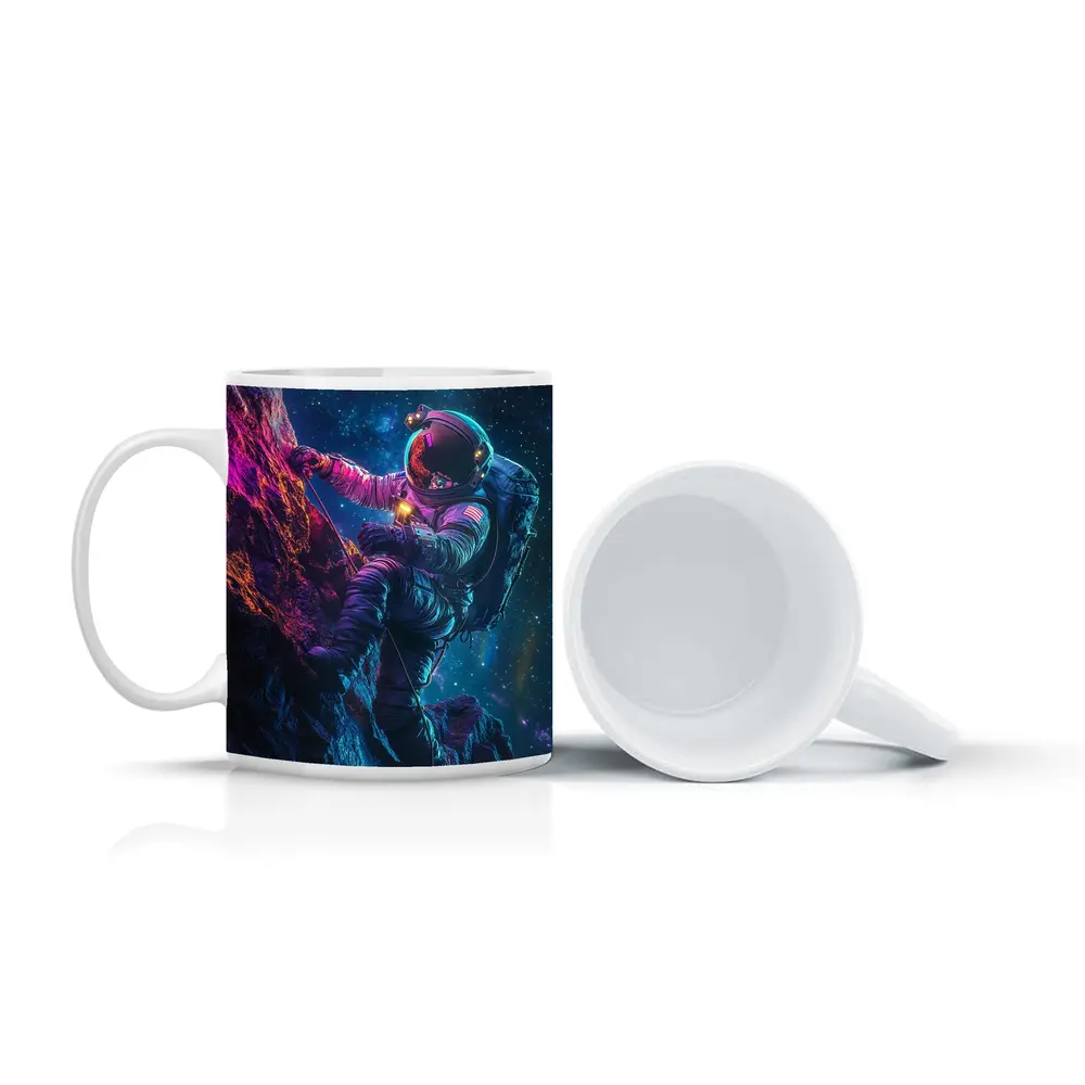 Astronaut Climbing Rocky Cliff Starry Space – Mugs