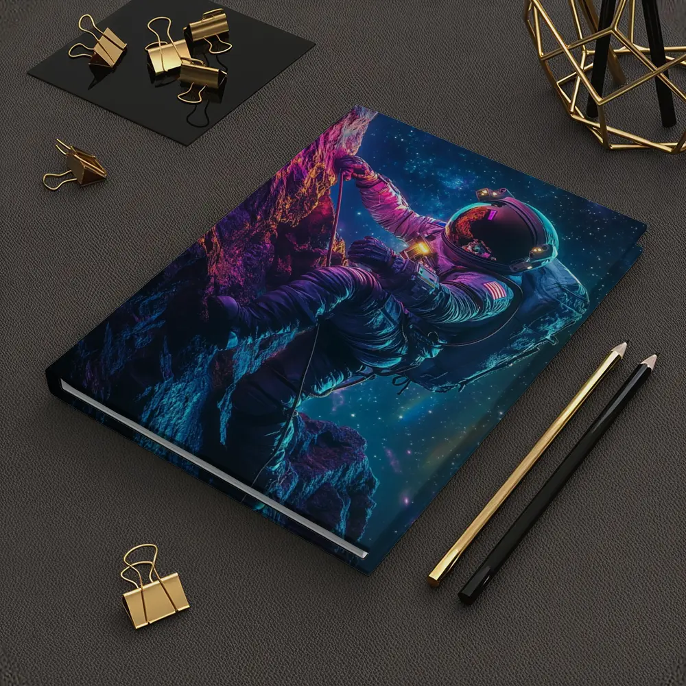 Astronaut Climbing Rocky Cliff Starry Space – Notebooks