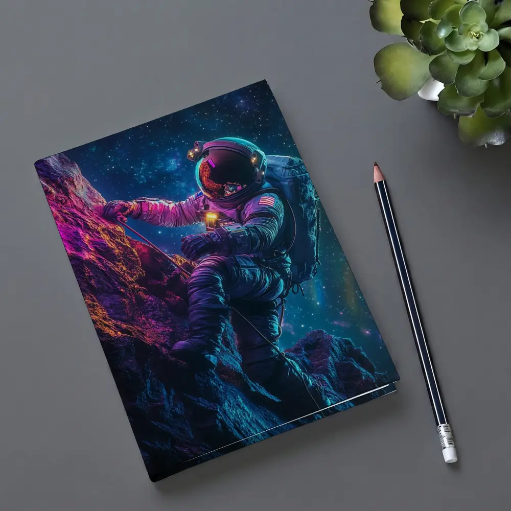 Astronaut Climbing Rocky Cliff Starry Space – Notebooks