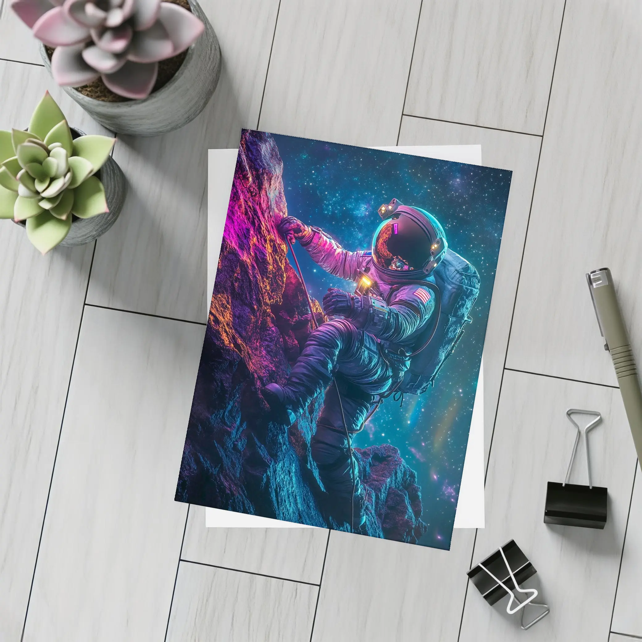 Astronaut Climbing Rocky Cliff Starry Space – Postcards