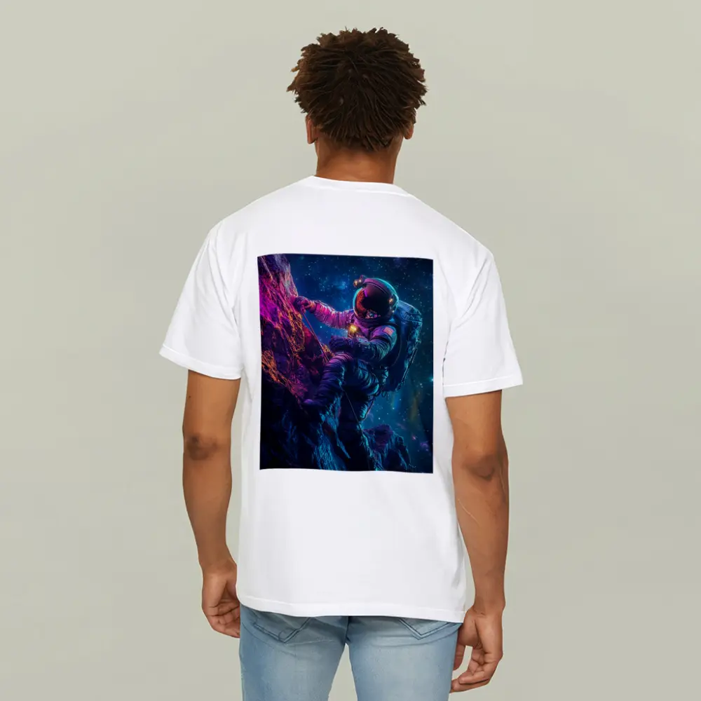 Astronaut Climbing Rocky Cliff Starry Space – T-Shirts
