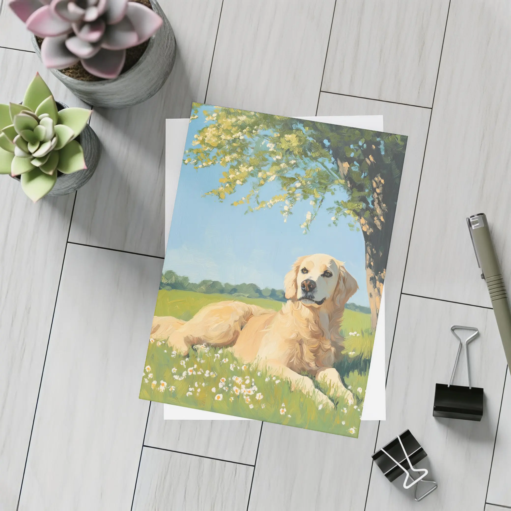 Golden Retriever Resting In Sunny Meadow – Postcards