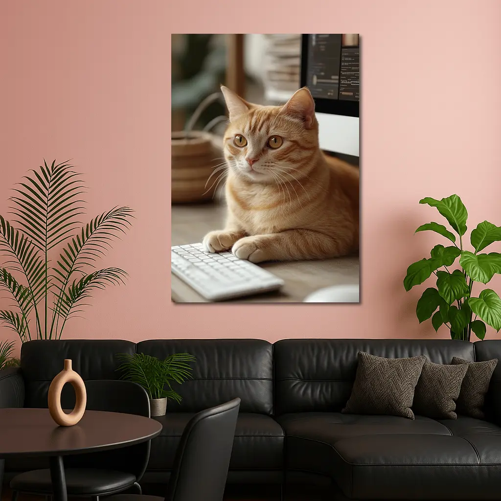 Orange Tabby Cat Sitting At Desk – Wall Art