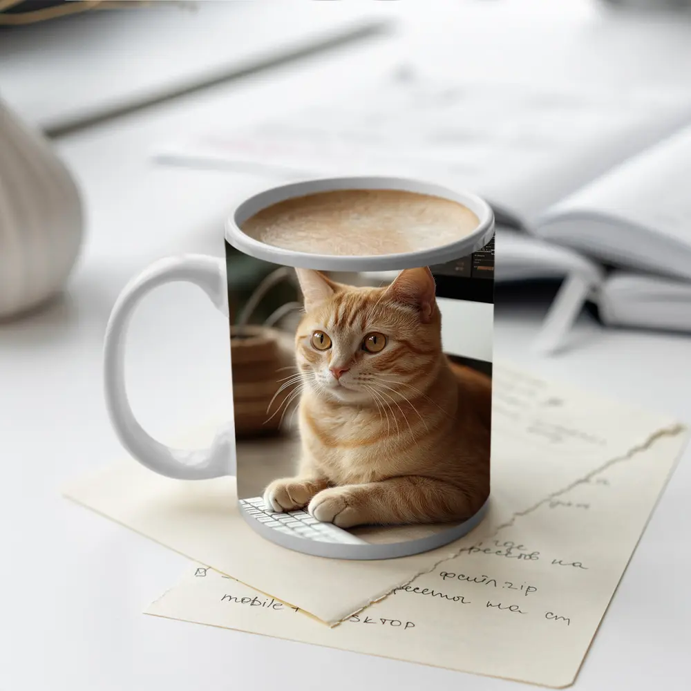 Orange Tabby Cat Sitting At Desk – Mugs