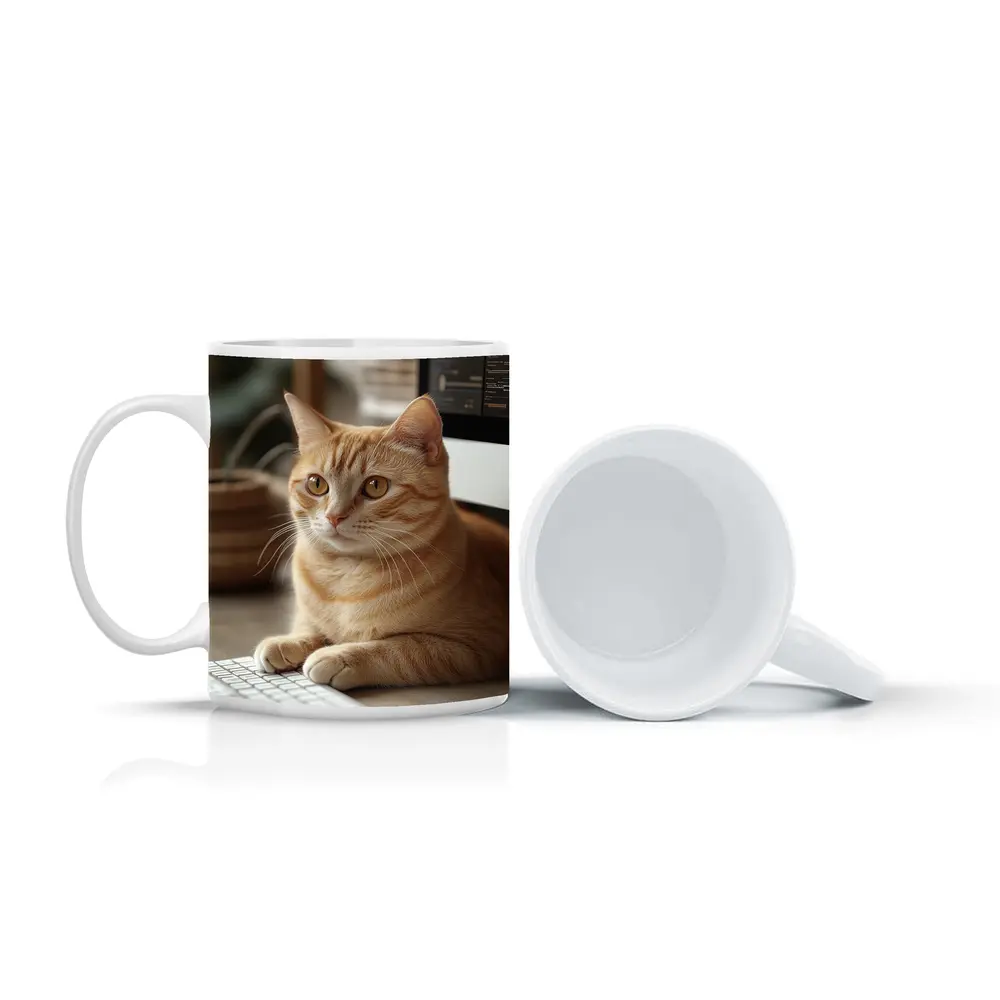Orange Tabby Cat Sitting At Desk – Mugs