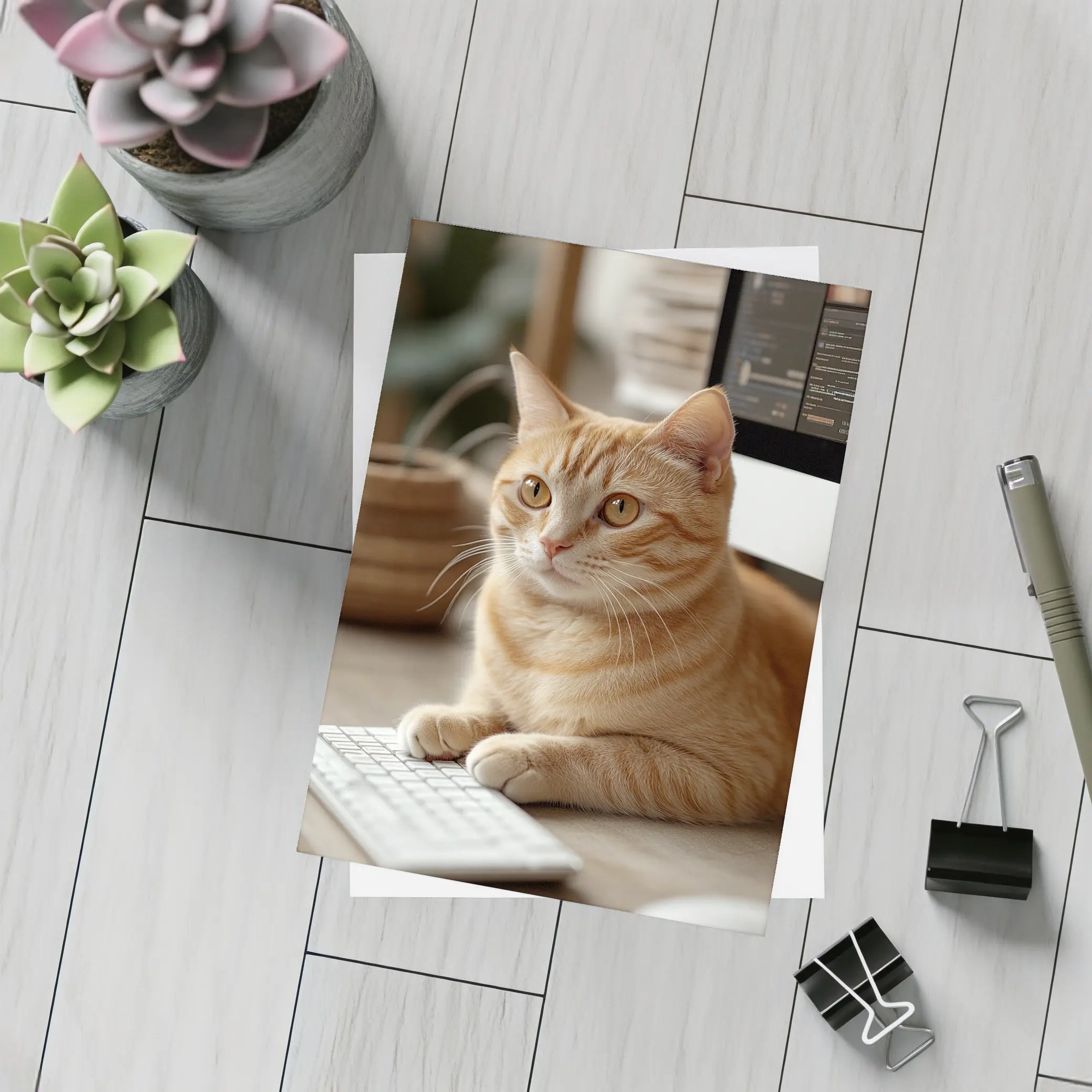 Orange Tabby Cat Sitting At Desk – Postcards