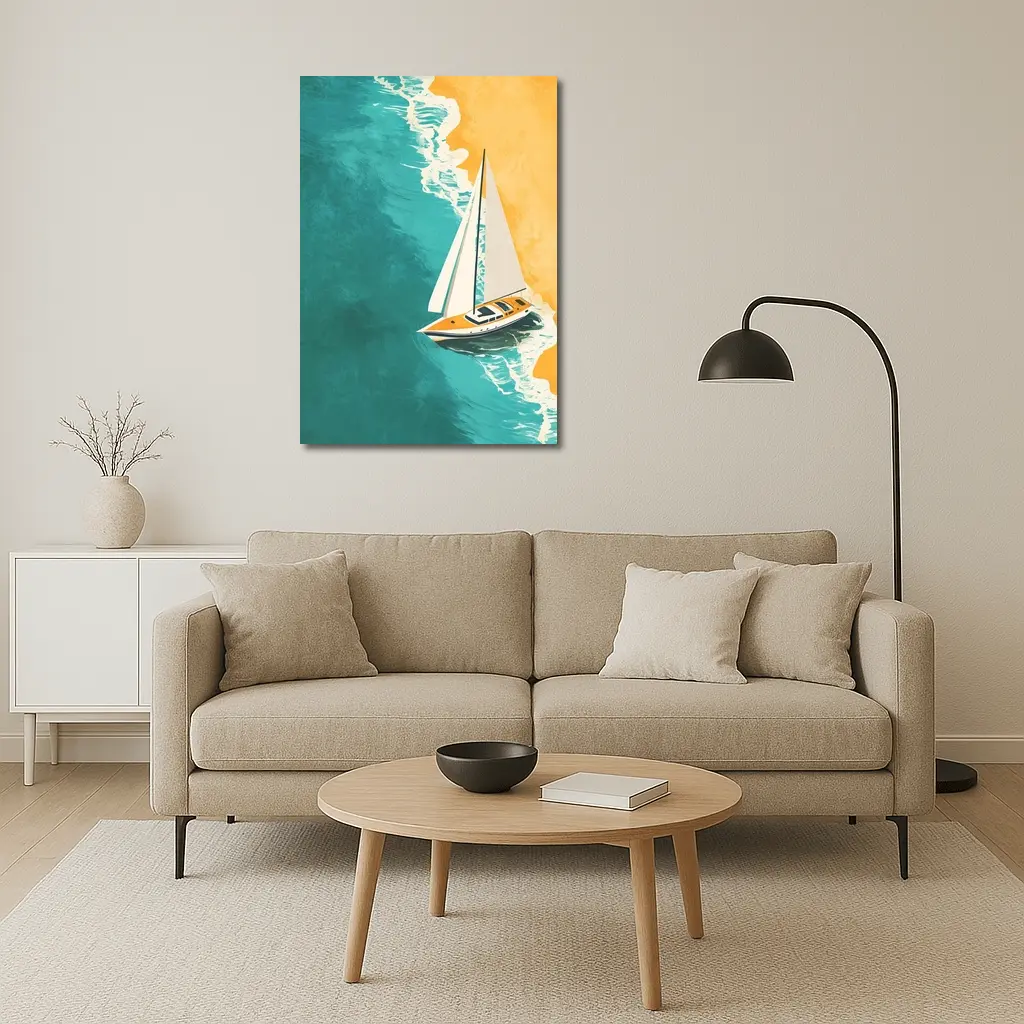 Sailboat Aerial View Teal Ocean Sandy Beach – Wall Art