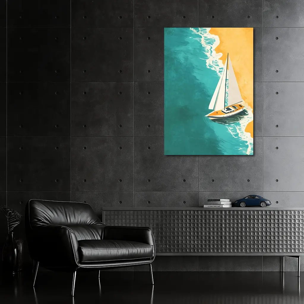 Sailboat Aerial View Teal Ocean Sandy Beach – Wall Art