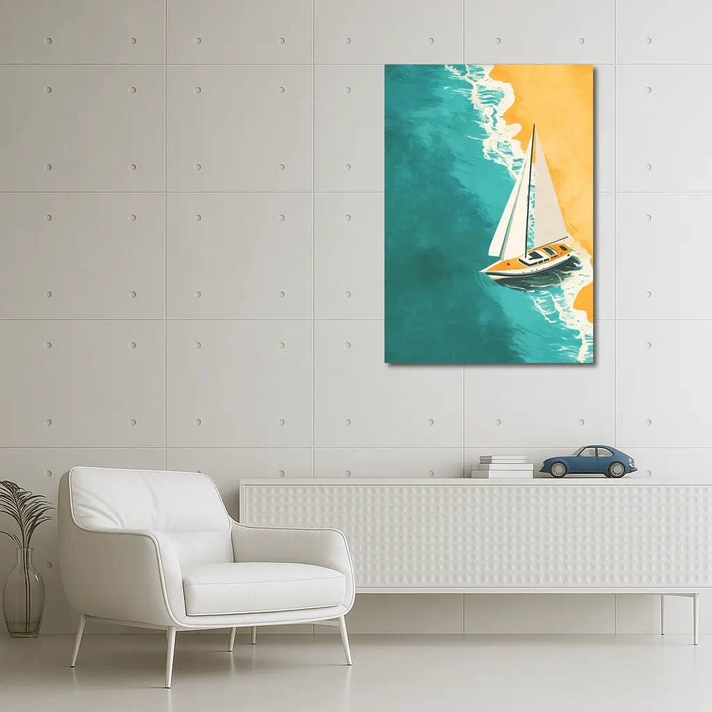 Sailboat Aerial View Teal Ocean Sandy Beach – Wall Art