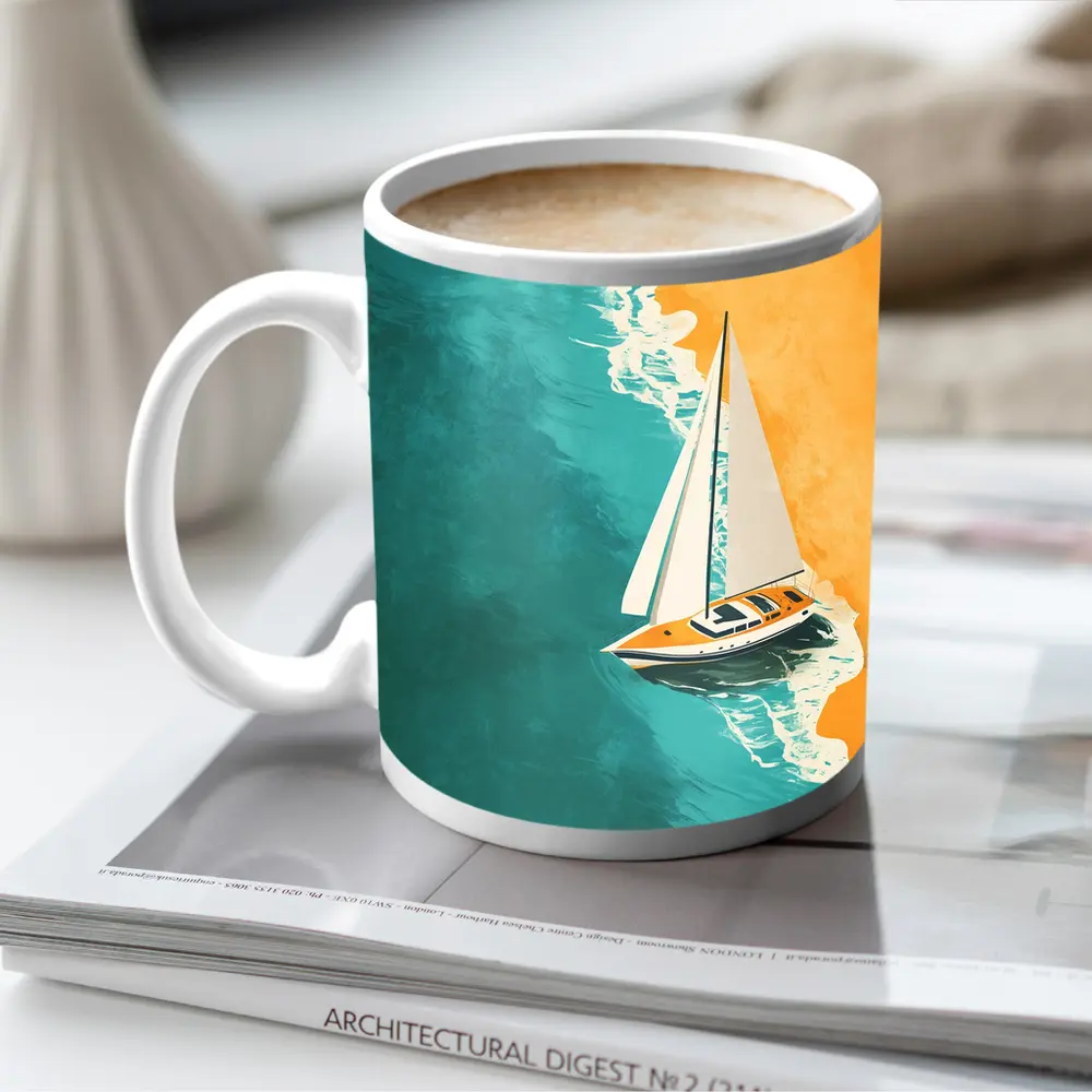 Sailboat Aerial View Teal Ocean Sandy Beach – Mugs
