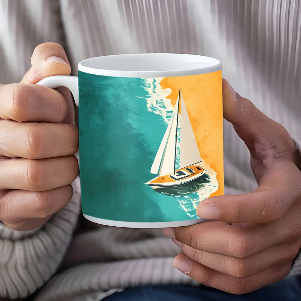 Sailboat Aerial View Teal Ocean Sandy Beach – Mugs