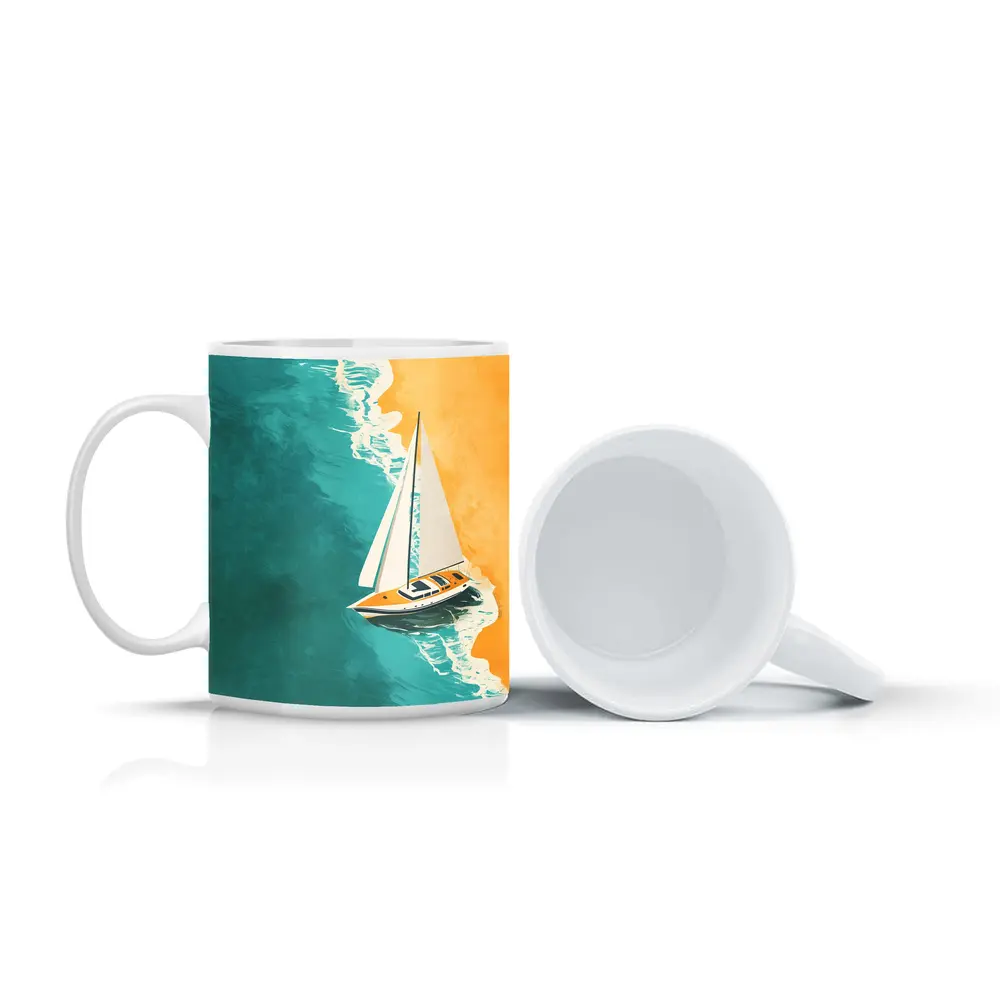 Sailboat Aerial View Teal Ocean Sandy Beach – Mugs