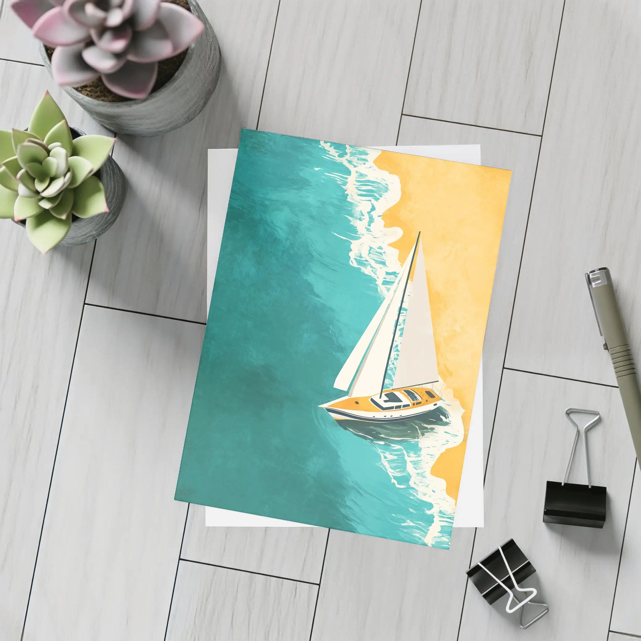 Sailboat Aerial View Teal Ocean Sandy Beach – Postcards