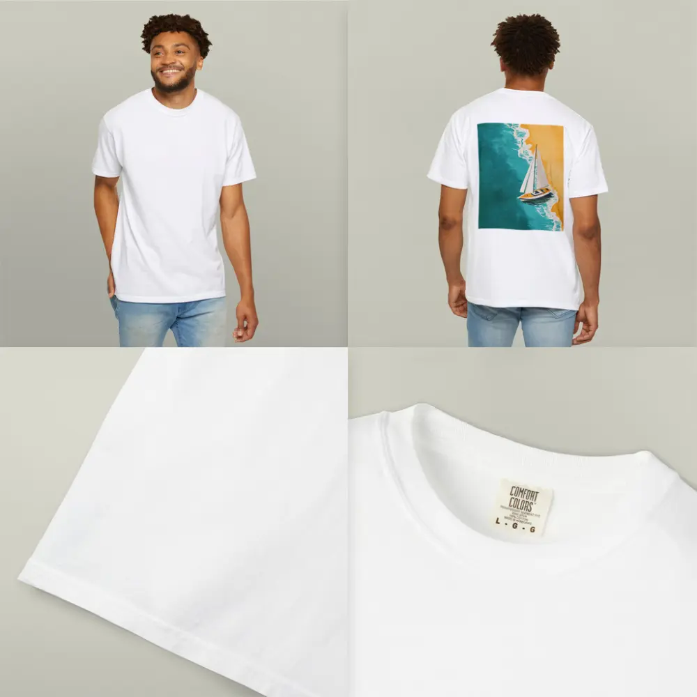 Sailboat Aerial View Teal Ocean Sandy Beach – T-Shirts