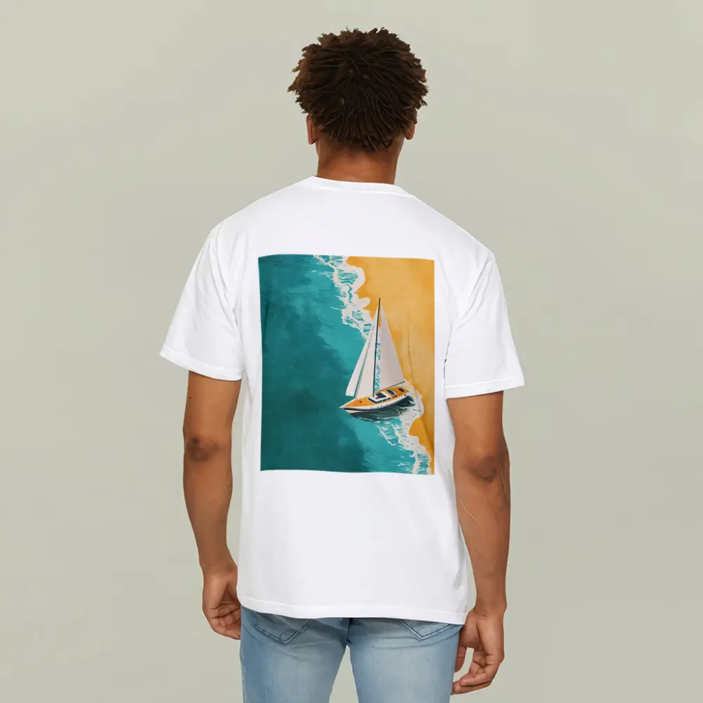 Sailboat Aerial View Teal Ocean Sandy Beach – T-Shirts