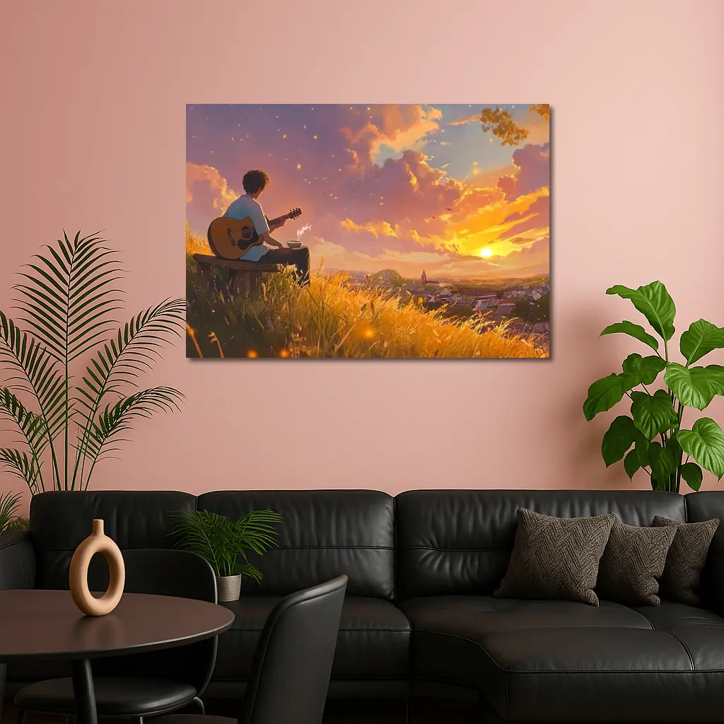 Anime Boy Playing Guitar at Sunset – Wall Art