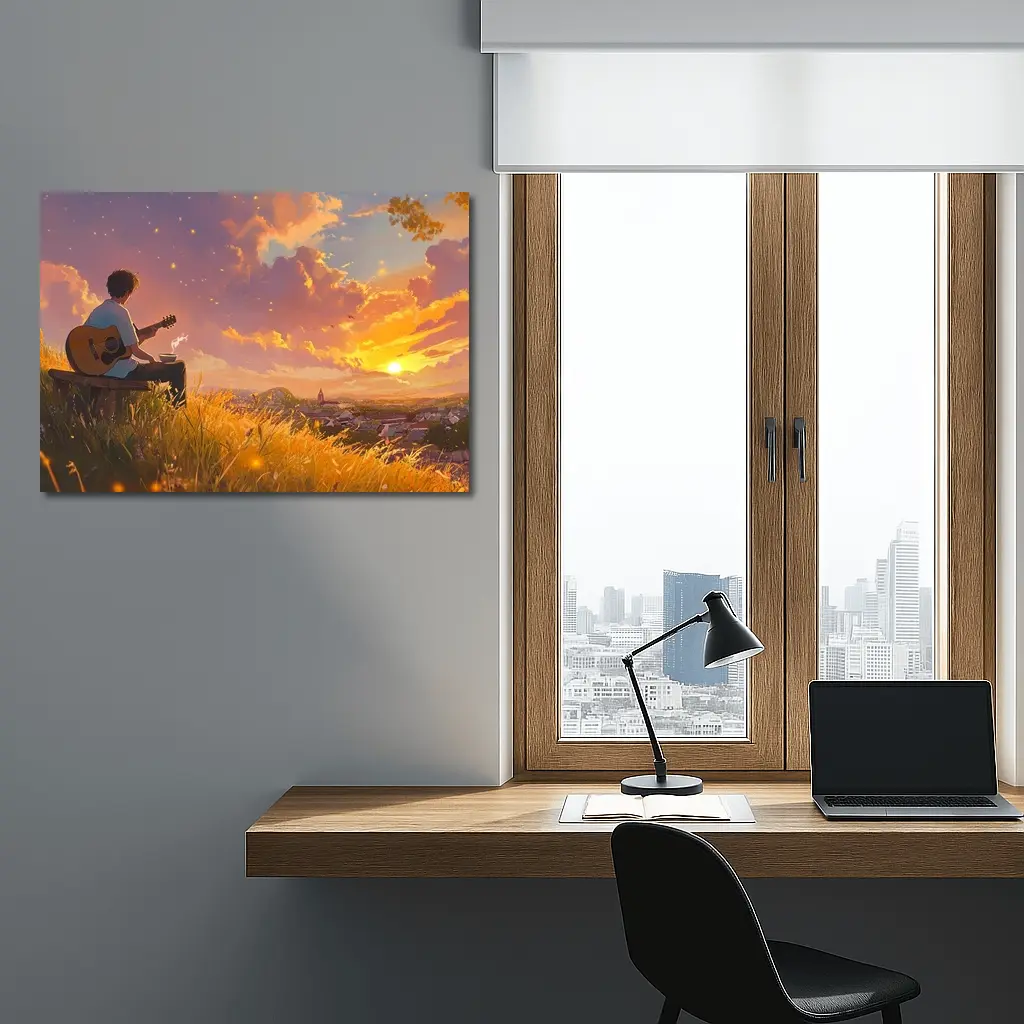 Anime Boy Playing Guitar at Sunset – Wall Art