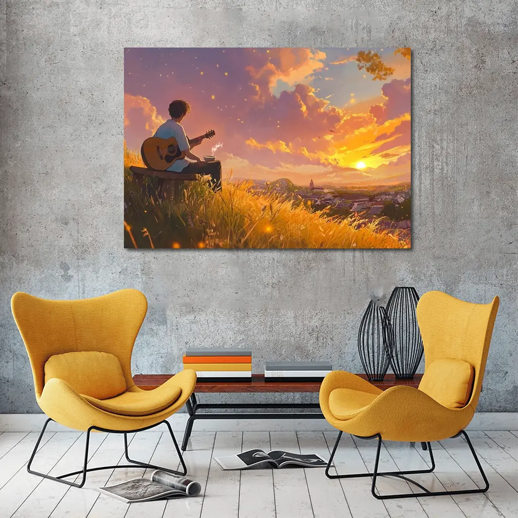 Anime Boy Playing Guitar at Sunset – Wall Art