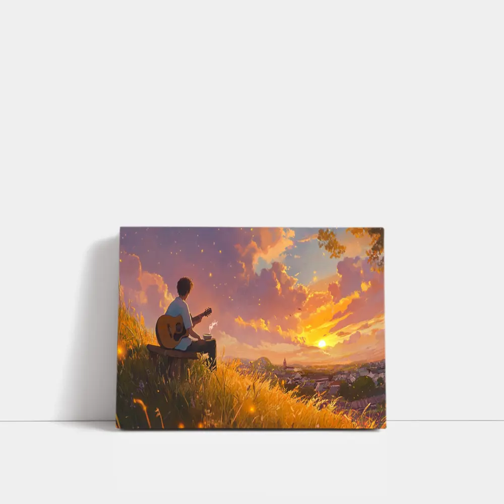 Anime Boy Playing Guitar at Sunset – Wall Art