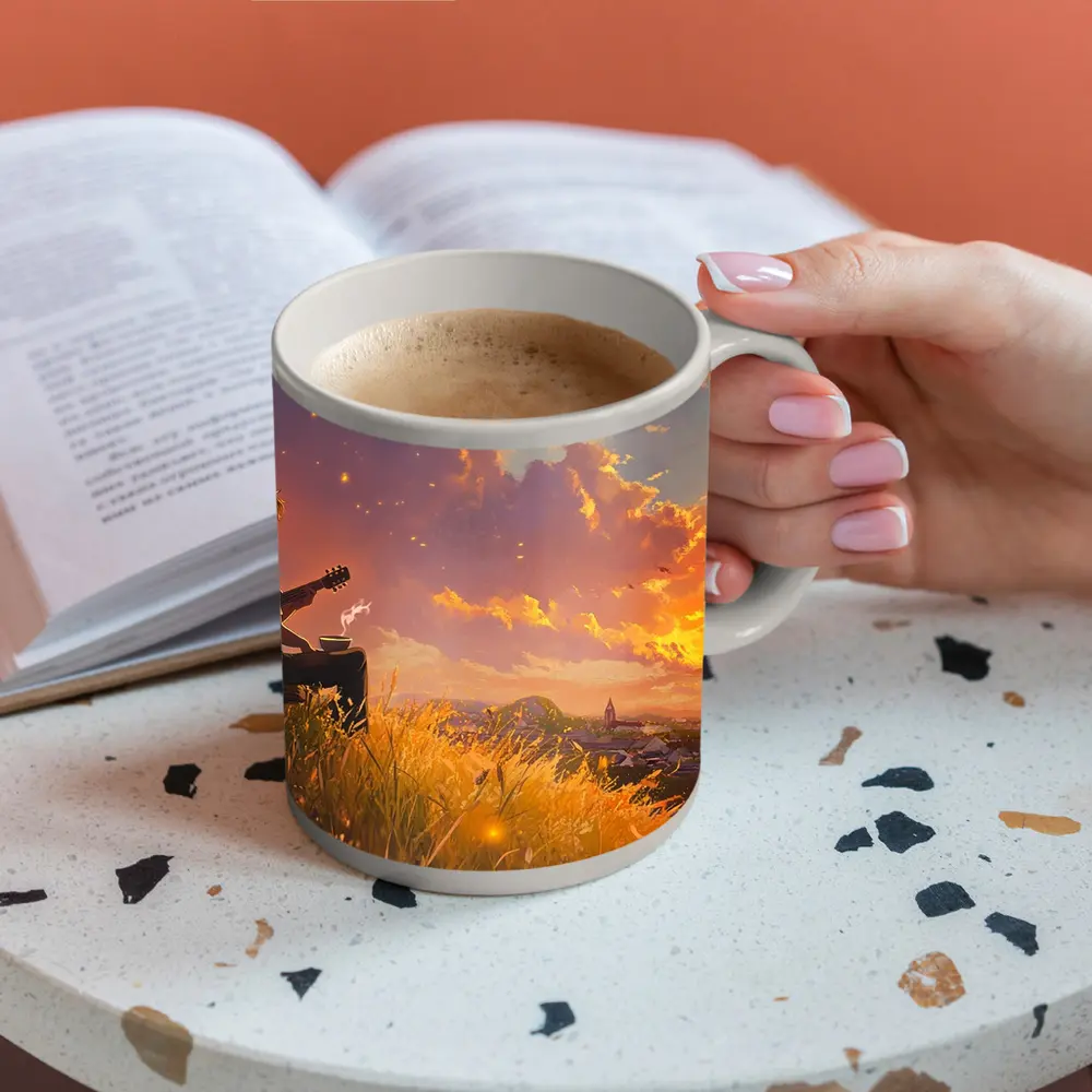 Anime Boy Playing Guitar at Sunset – Mugs