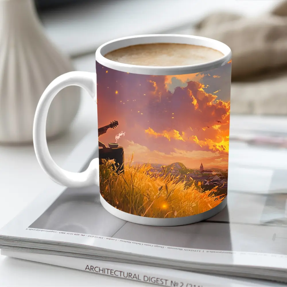 Anime Boy Playing Guitar at Sunset – Mugs