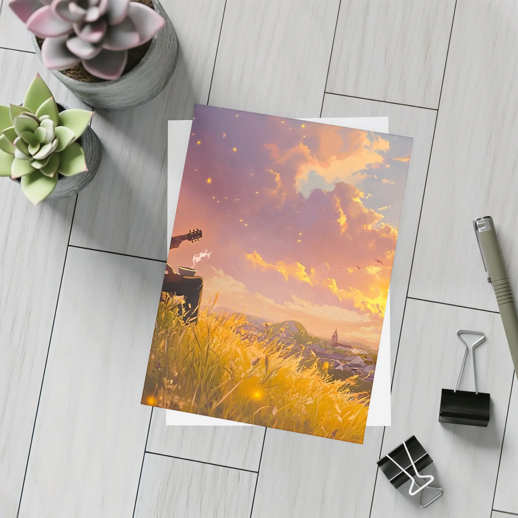 Anime Boy Playing Guitar at Sunset – Postcards